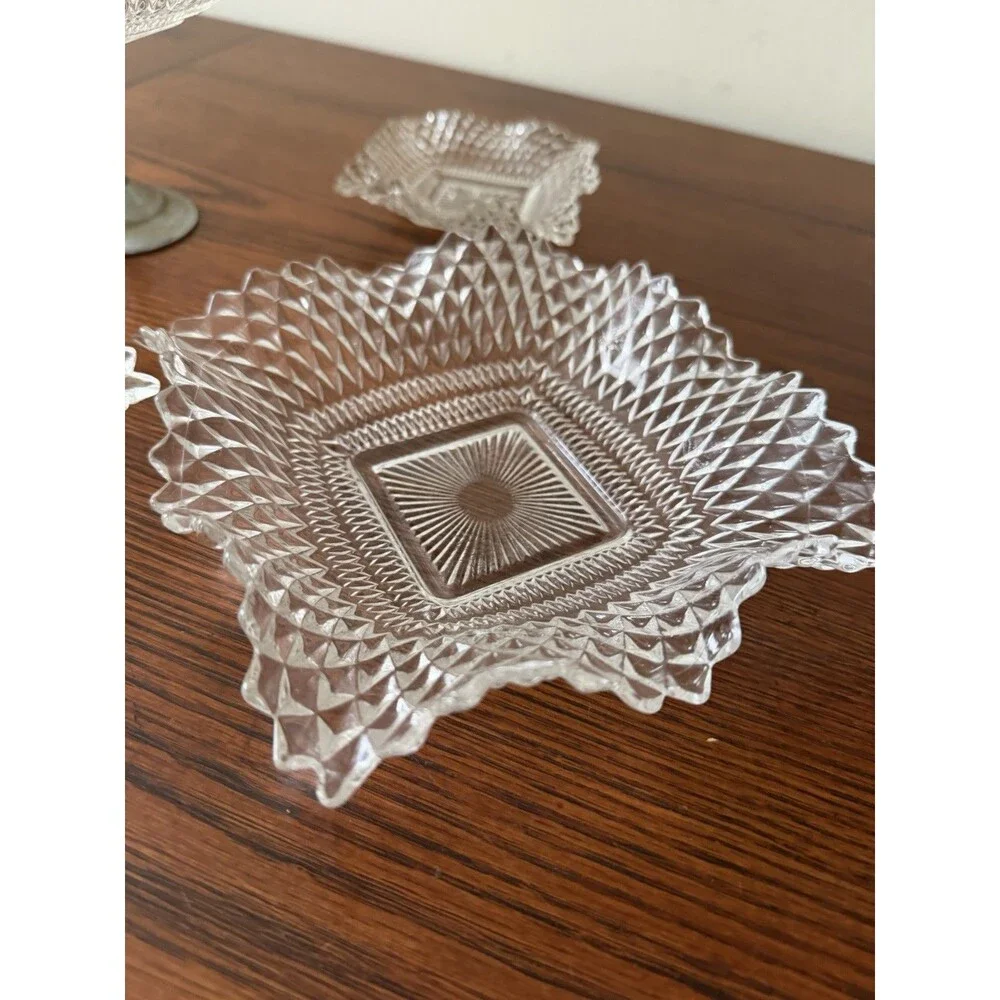 Vintage Clear Diamond Square Glass 5 Candy Dishes with Silver Pedestal